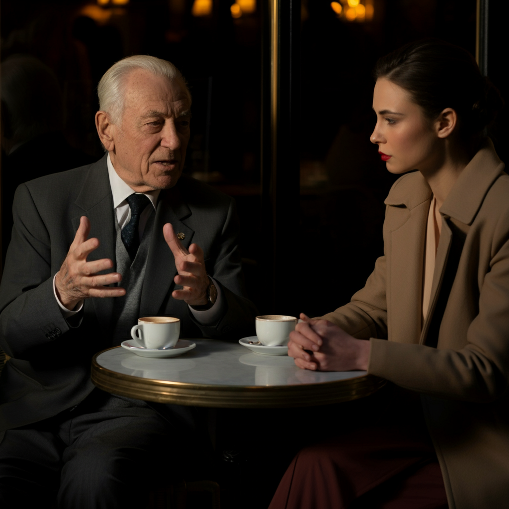 Two people, an older gentleman and a younger woman, sit at a cafe table outdoors, deeply engaged in conversation. Golden hour lighting bathes the scene. The older gentleman is animatedly gesturing with his hands, as if telling a story. The focus is on their faces.