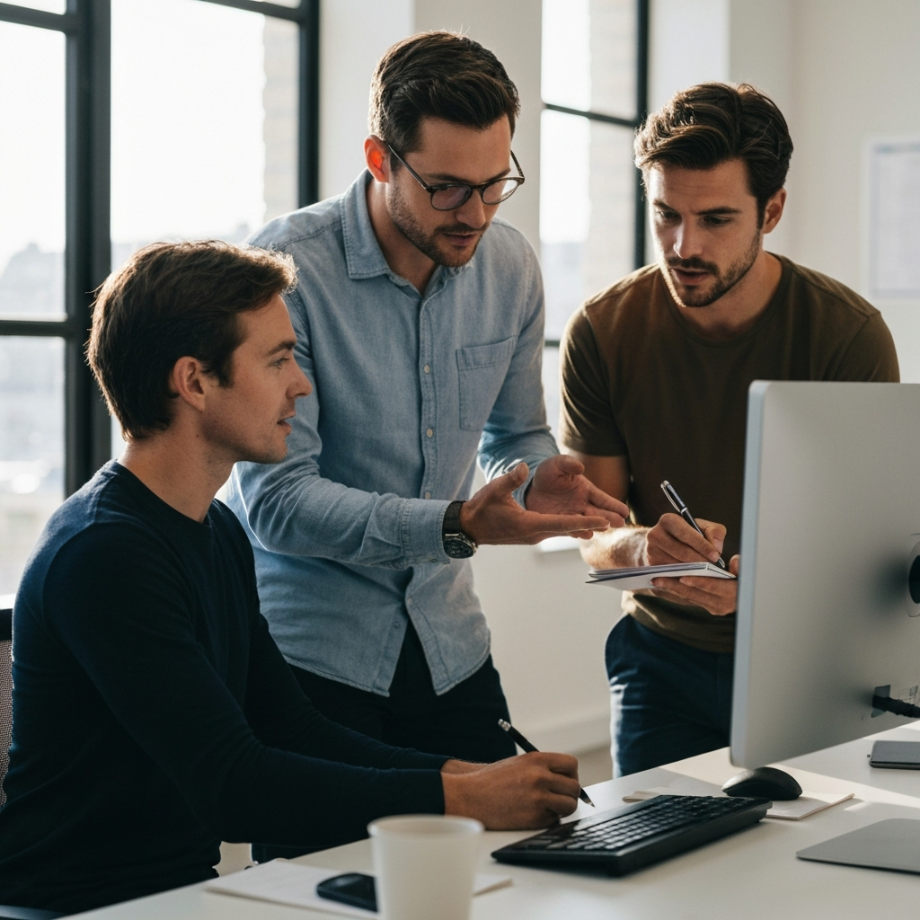 Two people in a bright office space, looking at data on a large monitor. They are discussing the data and taking notes. The atmosphere is collaborative and focused.