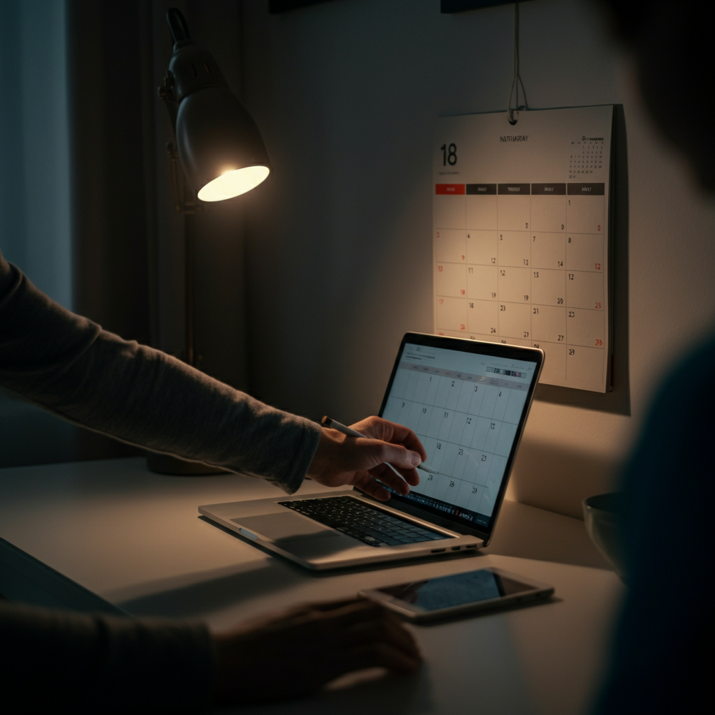 A brightly lit home office. A calendar hangs on the wall. A laptop rests on a clean desk. A hand reaches out to write something in the calendar. Focus on the clarity of the calendar entries and the sleek design of the laptop.