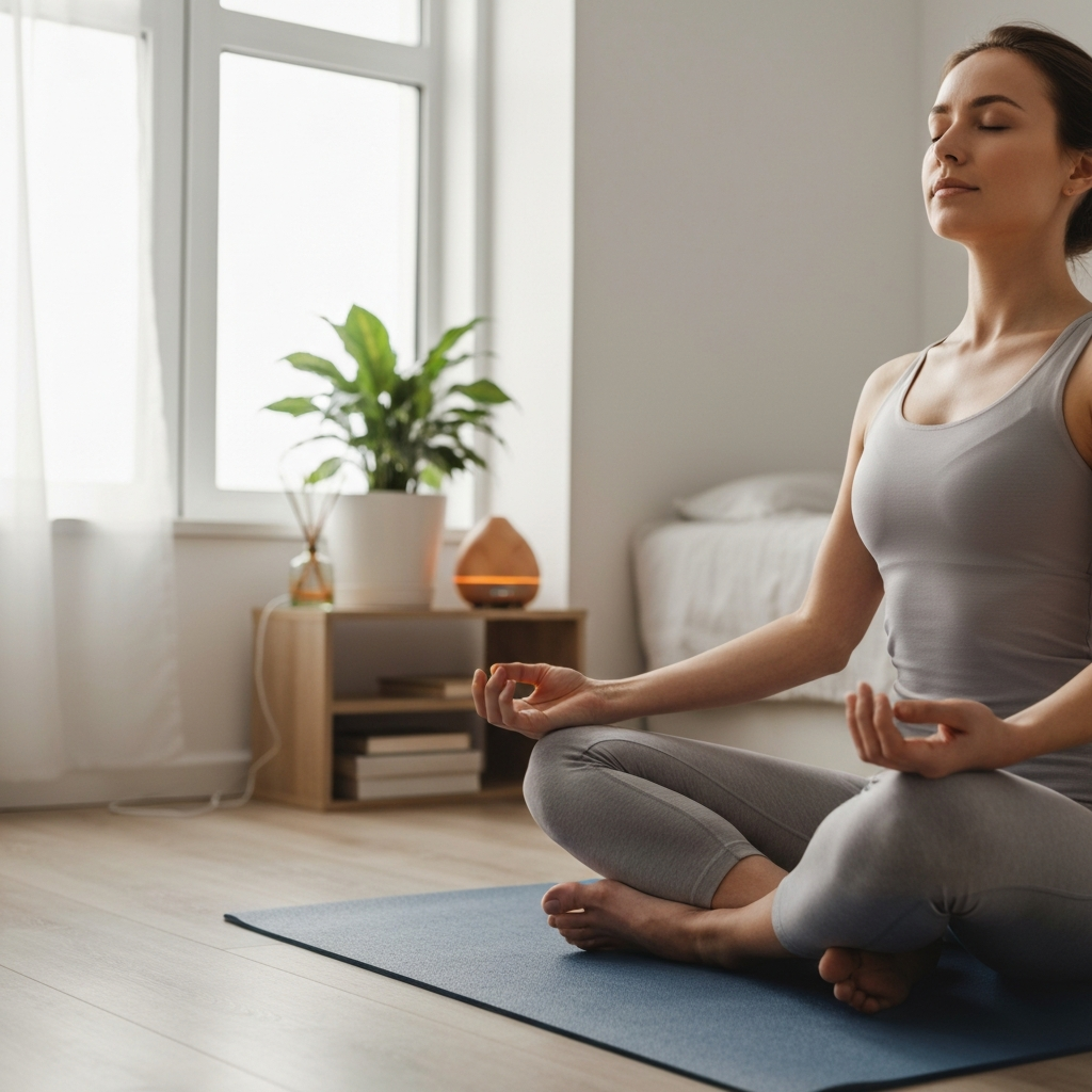 A serene bedroom, bathed in soft, natural light. A woman is sitting cross-legged on a yoga mat, eyes closed, hands resting on her knees. In the background, a plant and a diffuser with essential oils can be seen on a shelf. Focus on the soft textures of the yoga mat and the calming color palette.