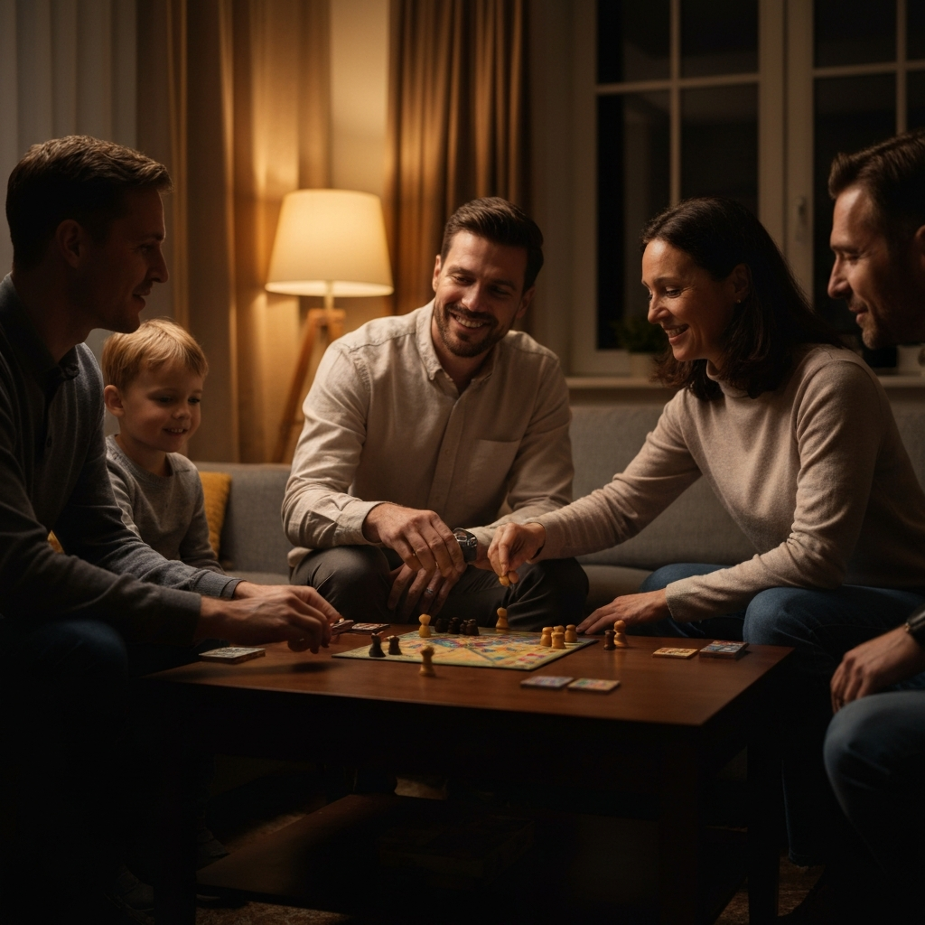 A living room in the evening, lit by a warm lamp. A family is playing a board game around a coffee table. The faces of the family members are illuminated with smiles. Focus on the details of the board game pieces and the intimate atmosphere.