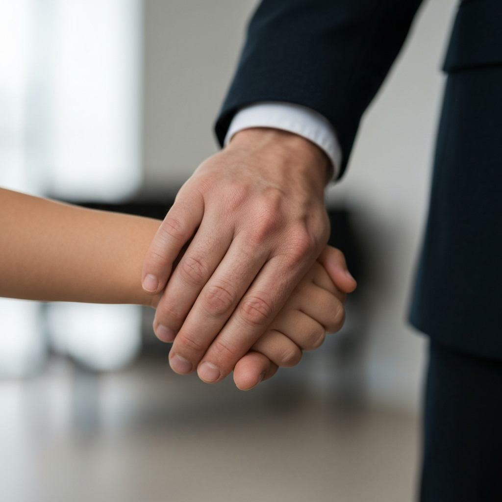 A close-up of two hands clasped together. One is an adult's hand, and the other is a child's hand. The background is blurred, creating a sense of intimacy and support. Focus on the textures of the skin and the subtle details of the hands.