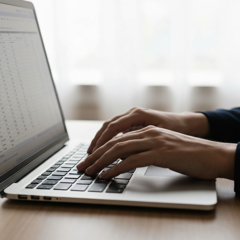 Close-up of hands typing on a laptop keyboard, with a spreadsheet visible on the screen. Soft, diffused light coming from a window. Focus on the keys and the detail of the metallic laptop casing.