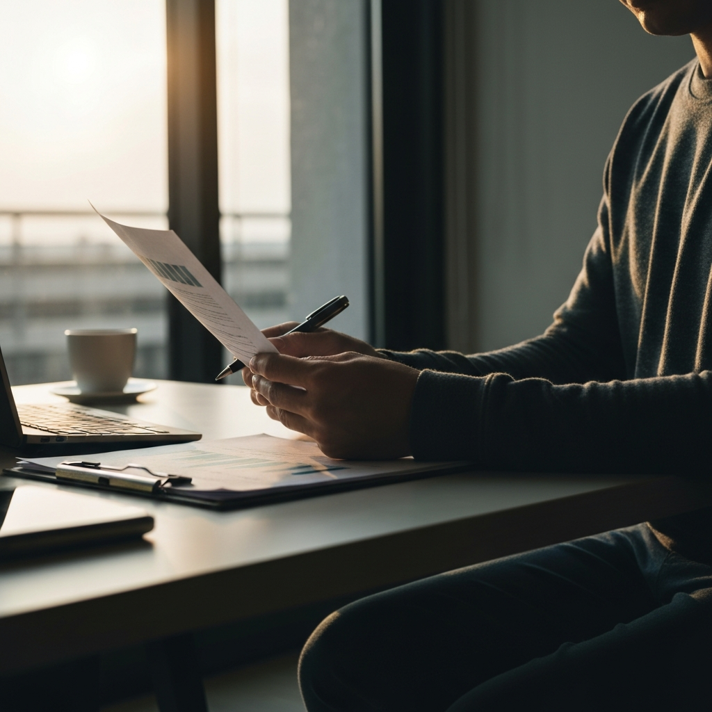 A person reviewing financial documents at a desk in a modern office. Natural light streaming through the window, side-lighting the textures of the paper and the person's hand. Selective focus on the documents.
