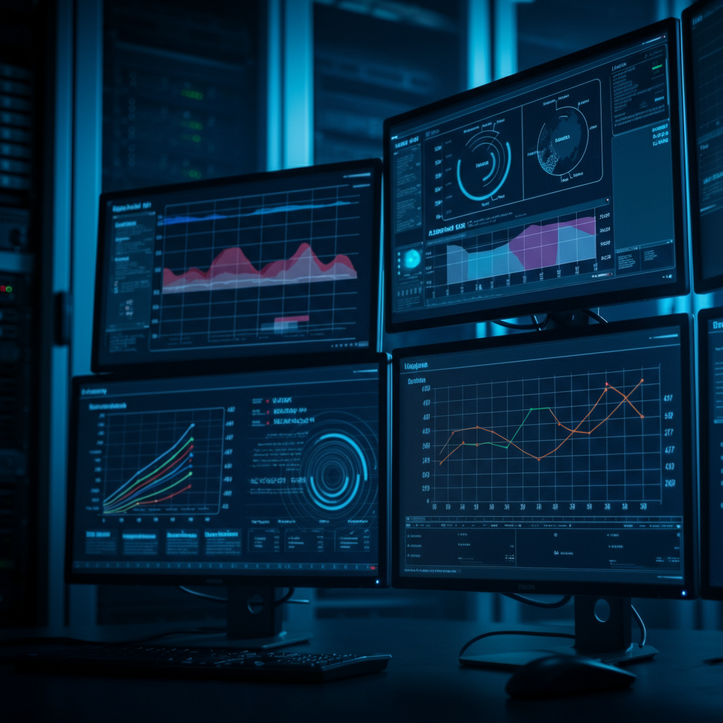 Multiple computer screens displaying data visualizations in a dimly lit server room. Rack servers are visible in the background, blurred with a soft bokeh. Focus on the screens.