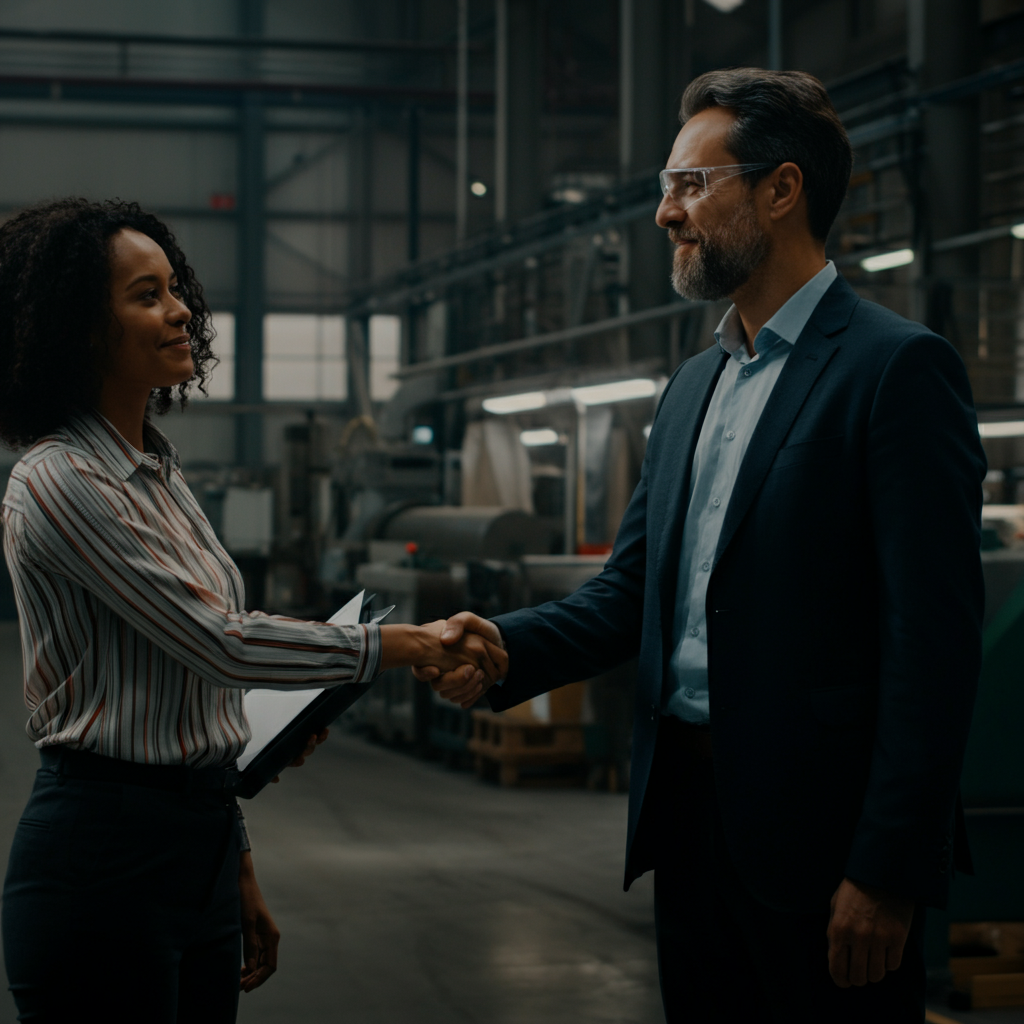 A business owner shaking hands with a supplier in a well-lit factory setting. The focus is on the handshake and the smiles, conveying a sense of partnership and collaboration.