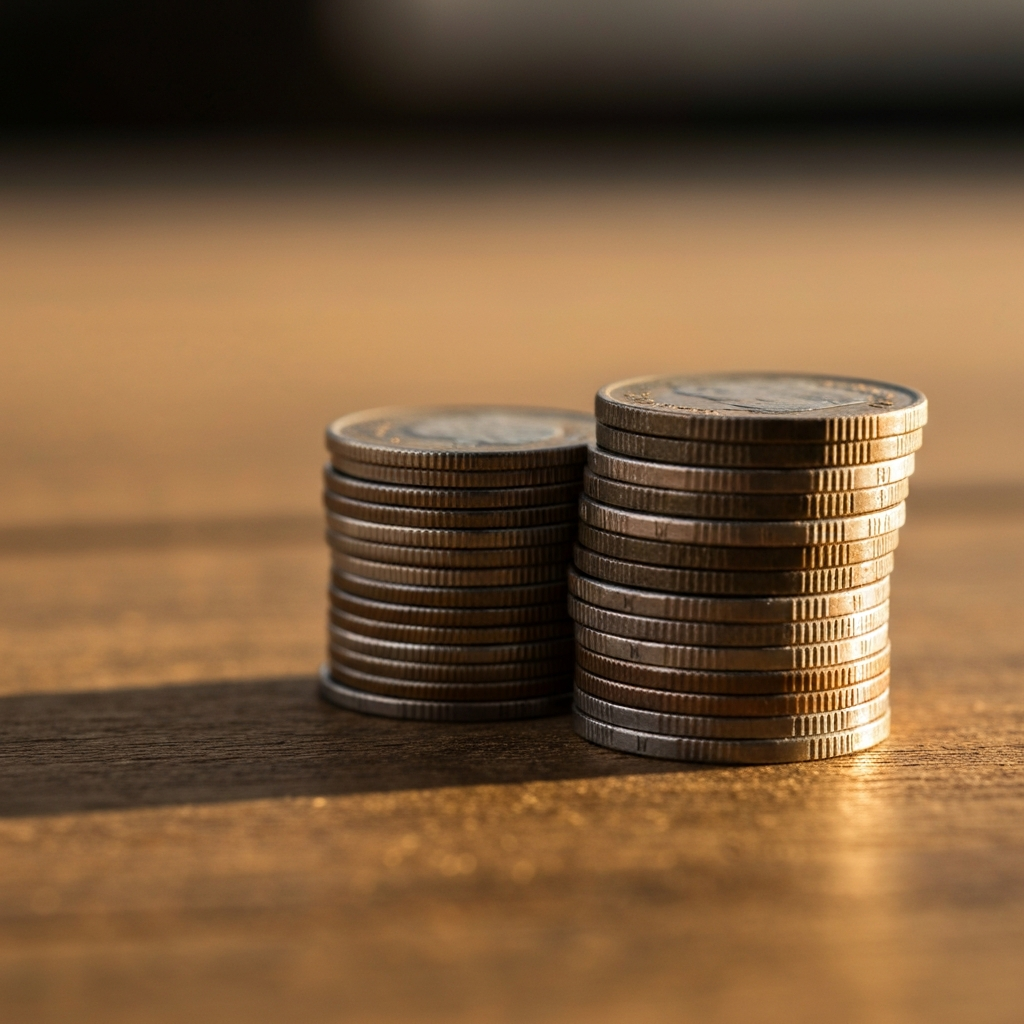 A stack of neatly arranged coins on a wooden surface, with soft golden hour lighting creating rich textures. Selective focus on the coins in the foreground.