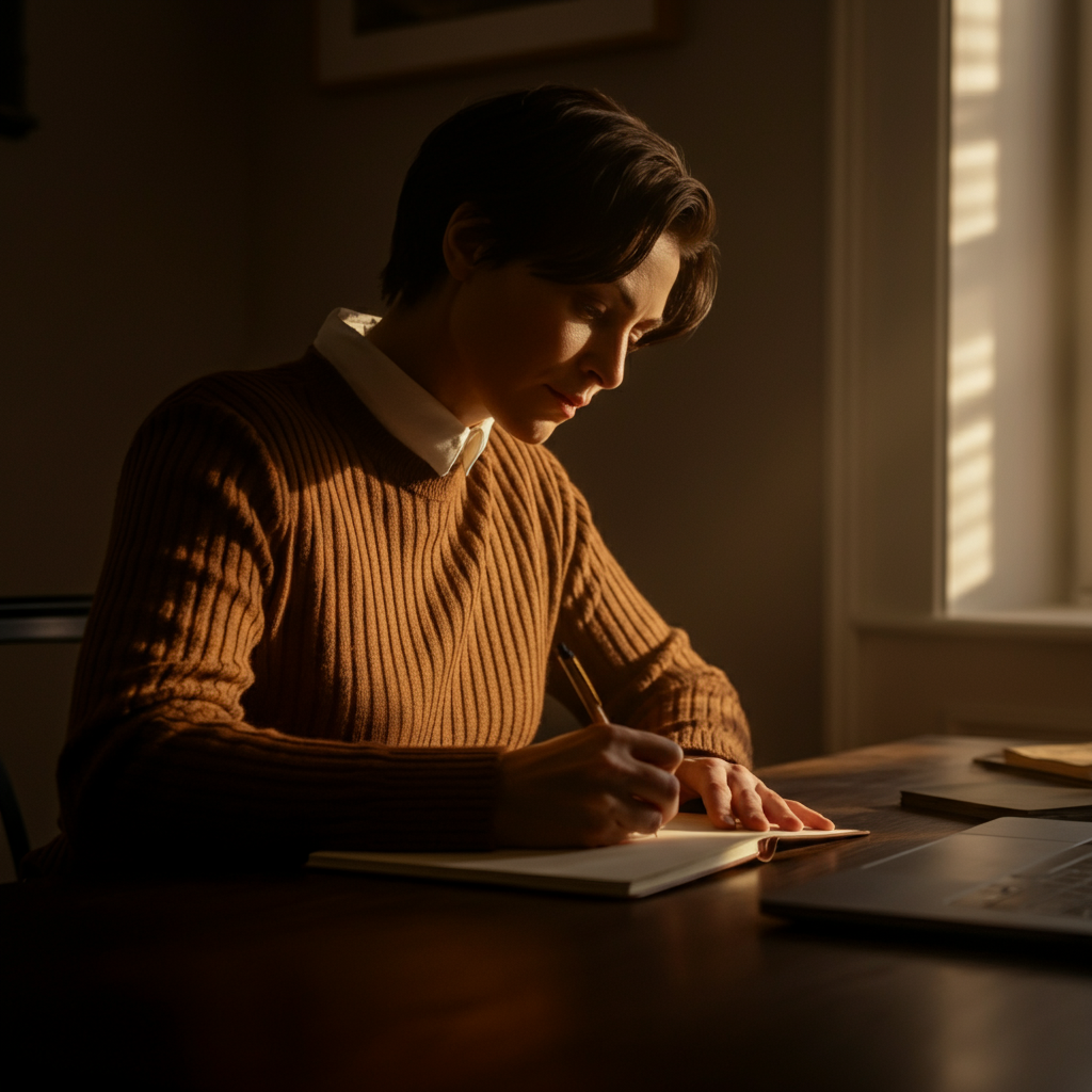 A warmly lit home office. A person sits at a desk, thoughtfully writing in a journal. Soft natural light streams in from a nearby window, highlighting the textured paper of the journal and the focused expression on their face.