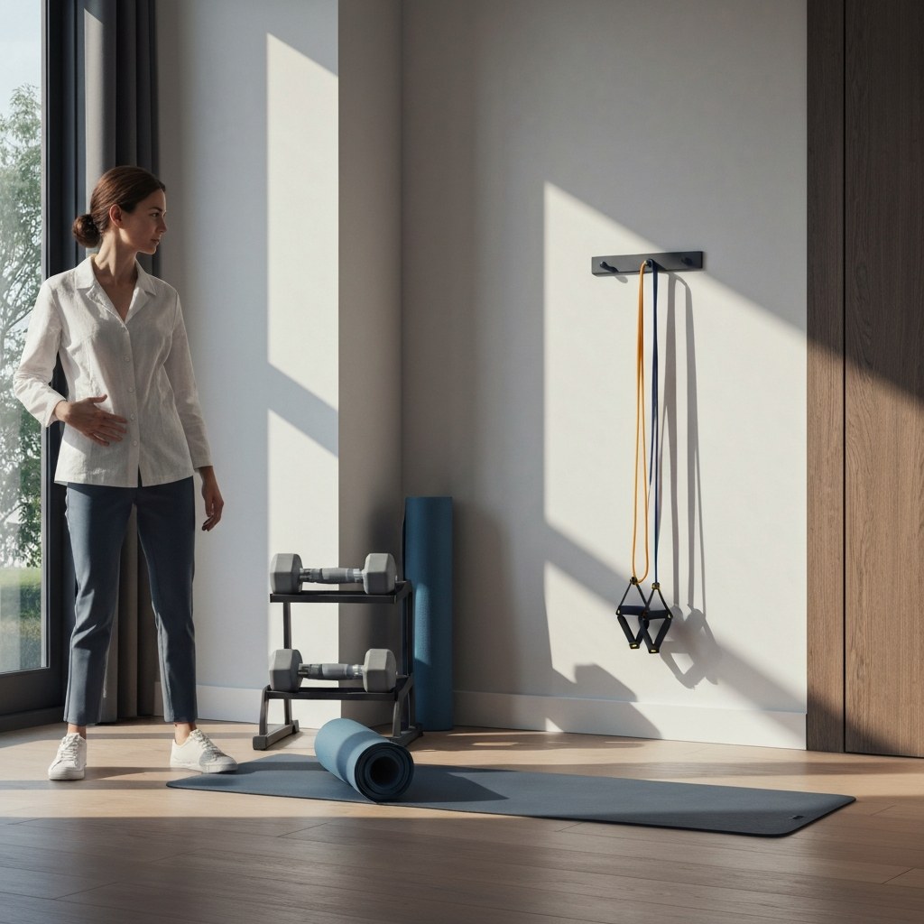 A brightly lit living room corner. A yoga mat is neatly rolled out, dumbbells are organized on a small rack, and a resistance band is hanging on a hook. Natural sunlight illuminates the scene, casting soft shadows that accentuate the clean lines of the space.