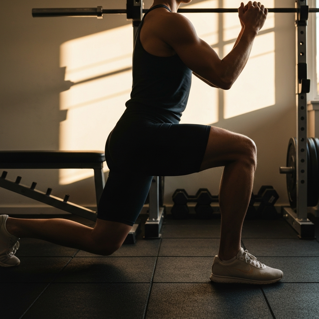 A person in athletic wear is performing a lunge in a home gym. Natural side-lighting highlights the definition of their leg muscles as they maintain perfect form. A weight bench and other simple equipment are visible in the background, slightly out of focus.