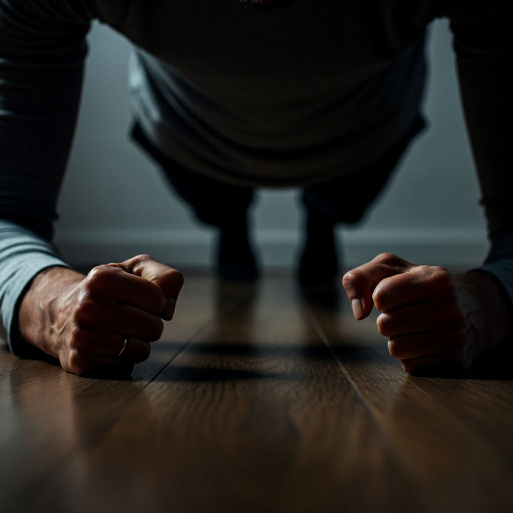 Close-up of hands gripping the floor in a plank position. Focus on the tension in the core and the straight line from head to heels. Soft bokeh in the background suggests a home environment with minimal clutter.