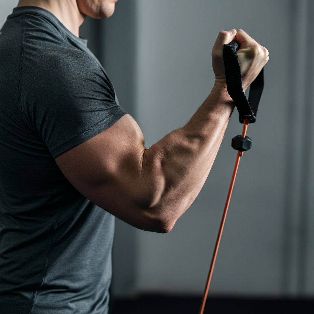 A person performing a bicep curl with a resistance band. The band is taut, showcasing its resistance, and the person's bicep is clearly engaged. The background is a simple white wall, creating a clean and focused composition.