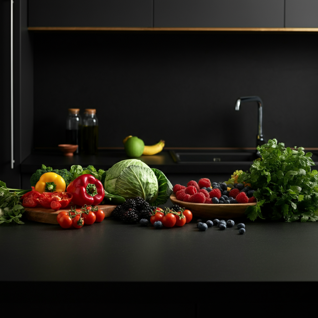 A well-lit kitchen counter. A vibrant array of fresh fruits and vegetables is displayed, including leafy greens, berries, and colorful bell peppers. The scene evokes a sense of healthy eating and mindful preparation.