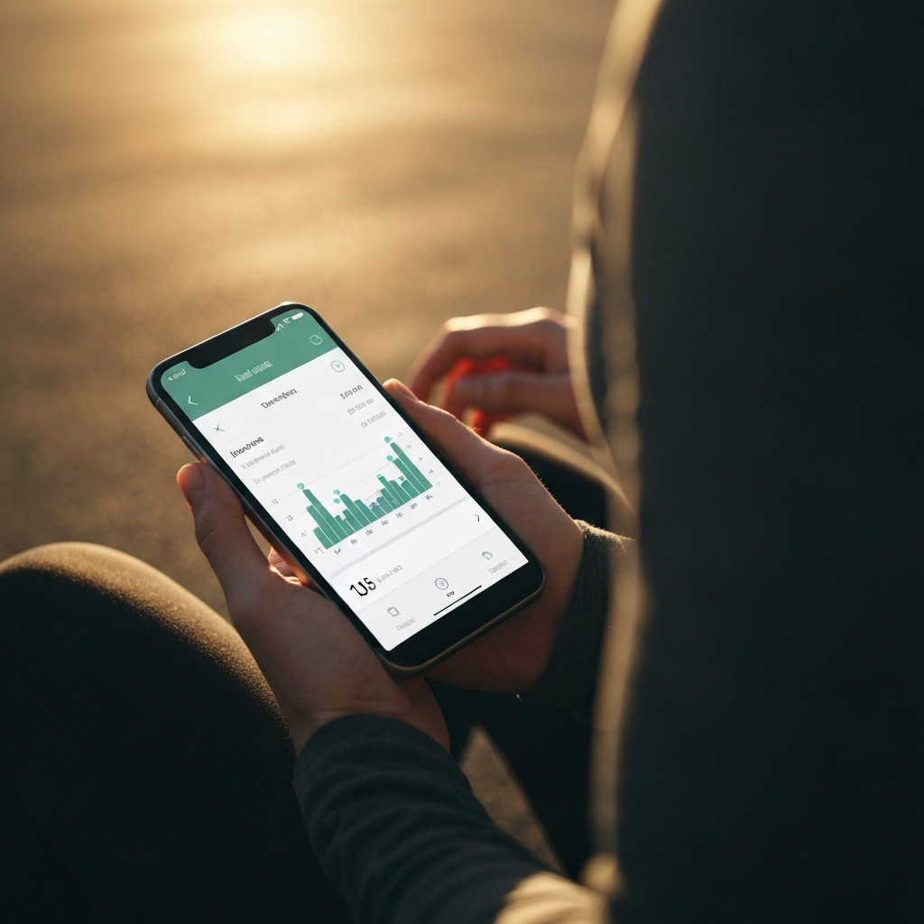 A person using a smartphone app to log their workout details. The screen displays a fitness tracking interface with graphs and data points. Soft, diffused light illuminates the phone and the person's hand.