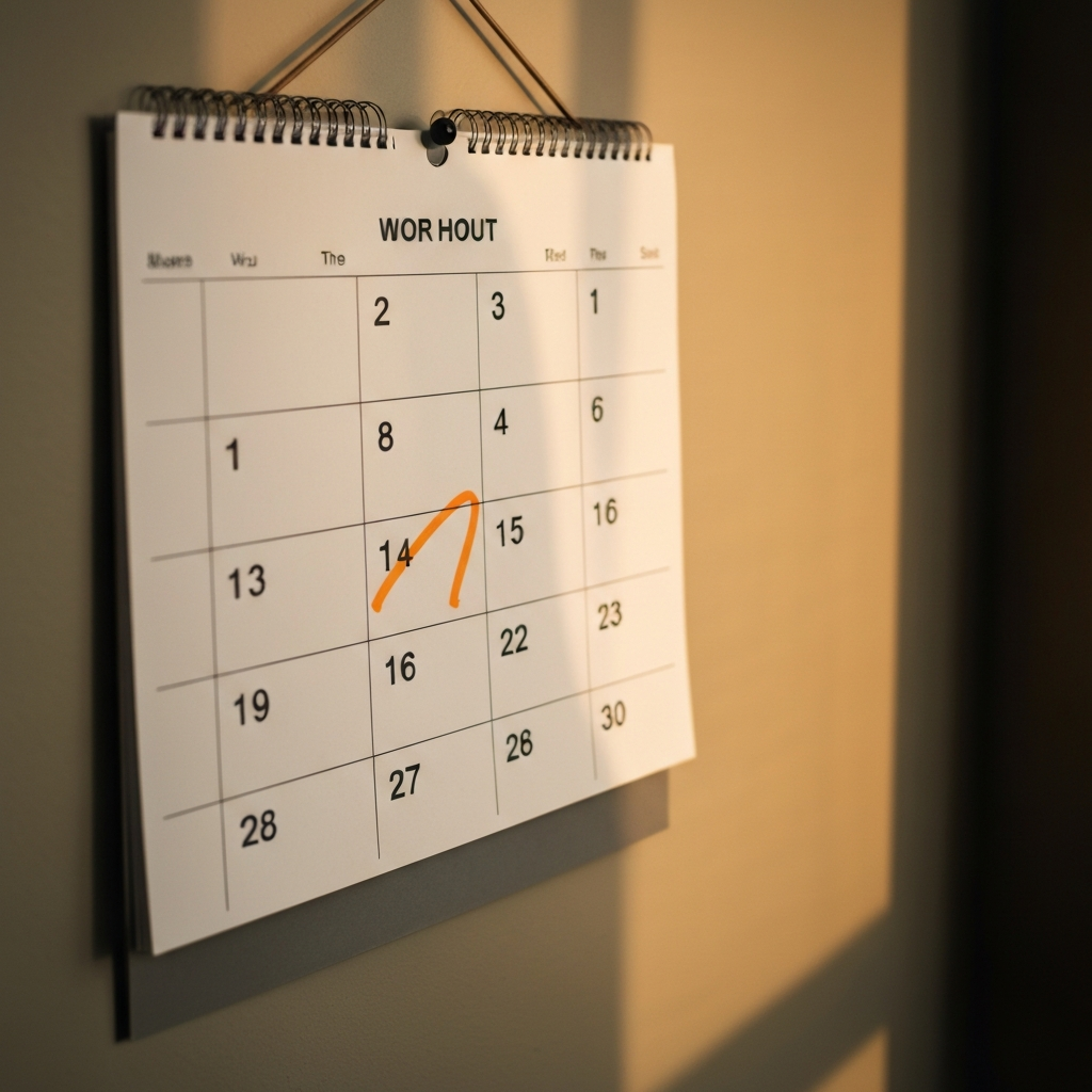 A calendar hanging on a wall with workout days marked with a bright color. The focus is on the visual representation of commitment and consistency. Warm, natural lighting adds a sense of encouragement.