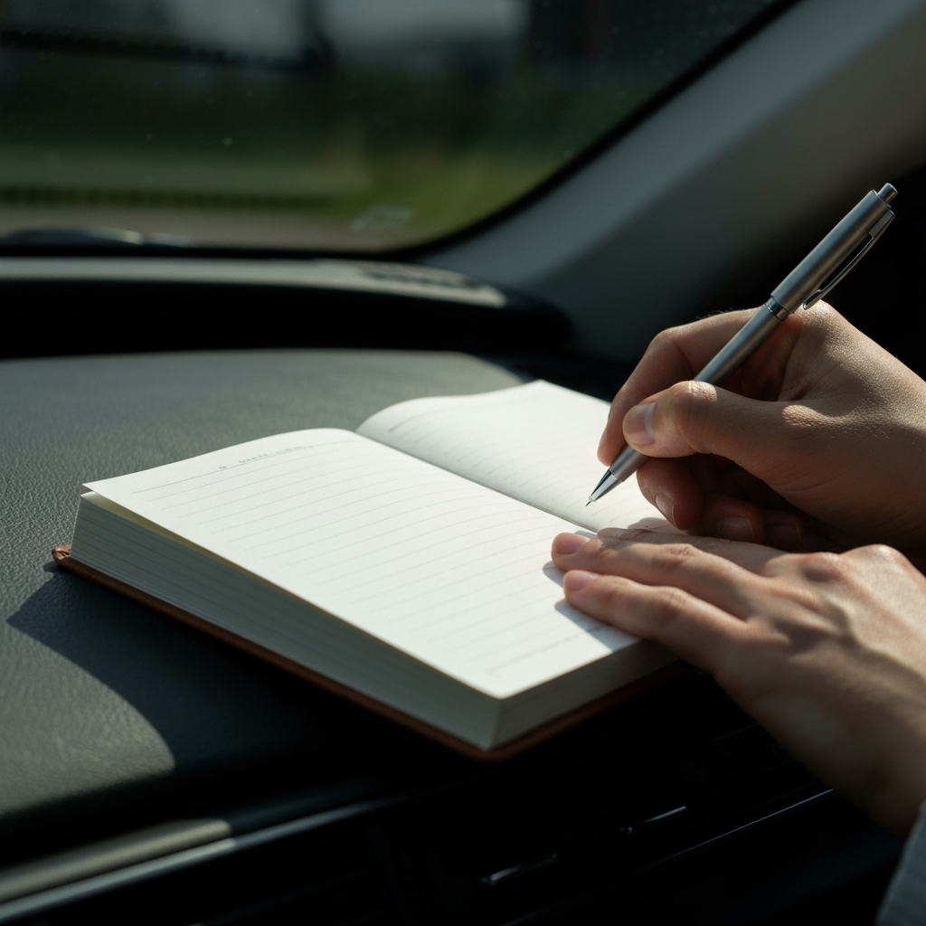 A close-up shot of a notebook and pen on the dashboard of a car, with a hand writing notes. Soft, natural lighting through the windshield highlights the texture of the paper.