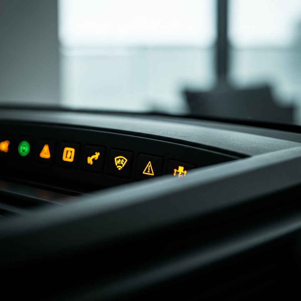 A dashboard with various illuminated warning lights. Focus is sharp on the symbols, with a shallow depth of field blurring the background. The scene has a slightly cool, clinical lighting.