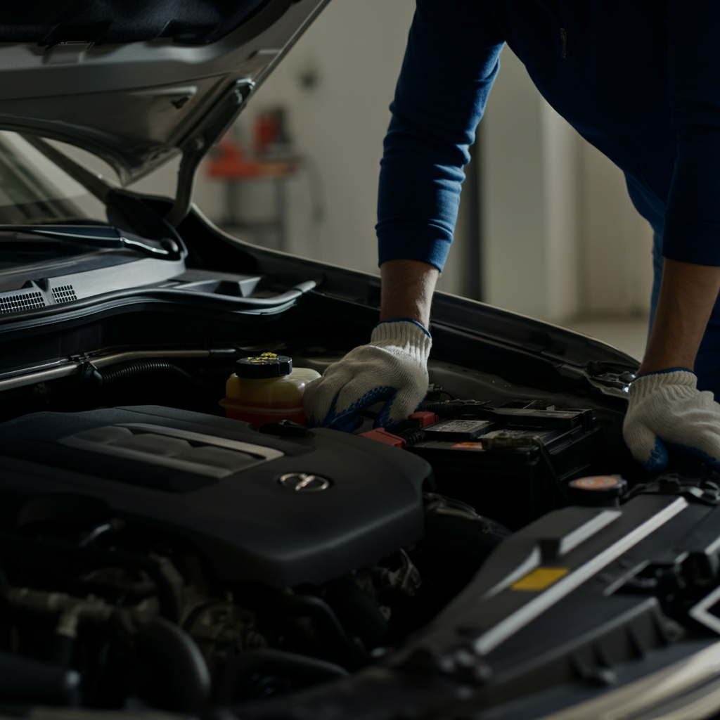 A mechanic inspecting the engine bay of a car. The scene is brightly lit, allowing for detailed observation of hoses, belts, and fluid reservoirs. The mechanic is wearing clean work gloves.