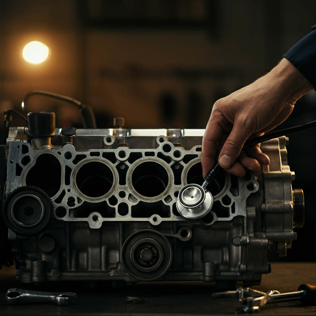 A hand holding a mechanic's stethoscope near an engine block. The scene is shot in a garage environment, with tools and equipment visible in soft bokeh. The lighting is warm and diffused.