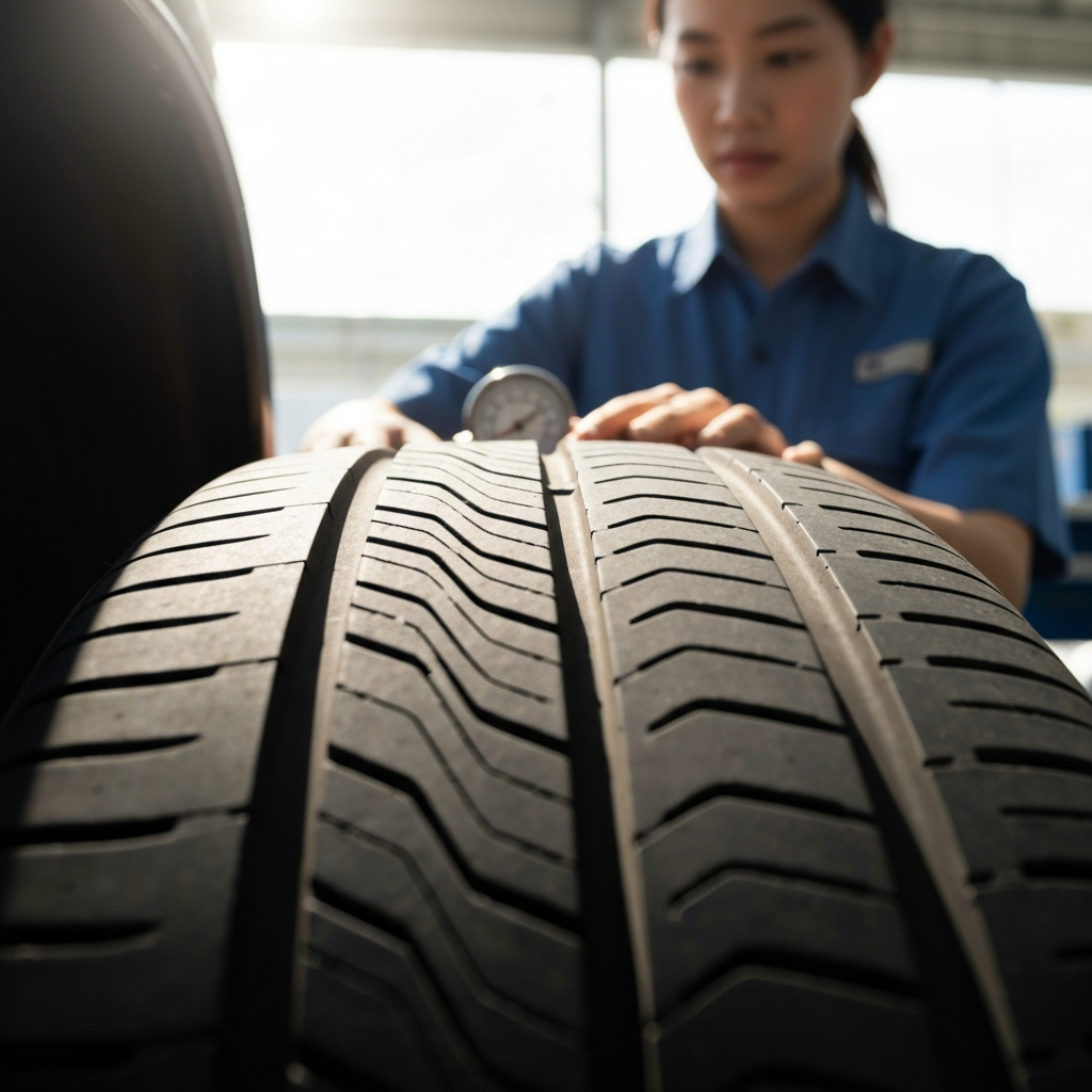 A technician examining a car tire. The scene is sharply focused on the tire tread, showcasing details of wear patterns. Natural light bathes the scene, emphasizing the texture of the rubber.