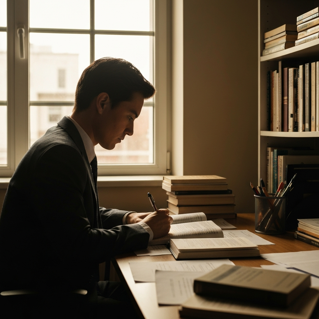 A person sitting at a desk, studying with a focused expression, illuminated by warm, diffused light coming from a window. The desk is neatly organized with books and papers, creating a sense of calm and diligence.