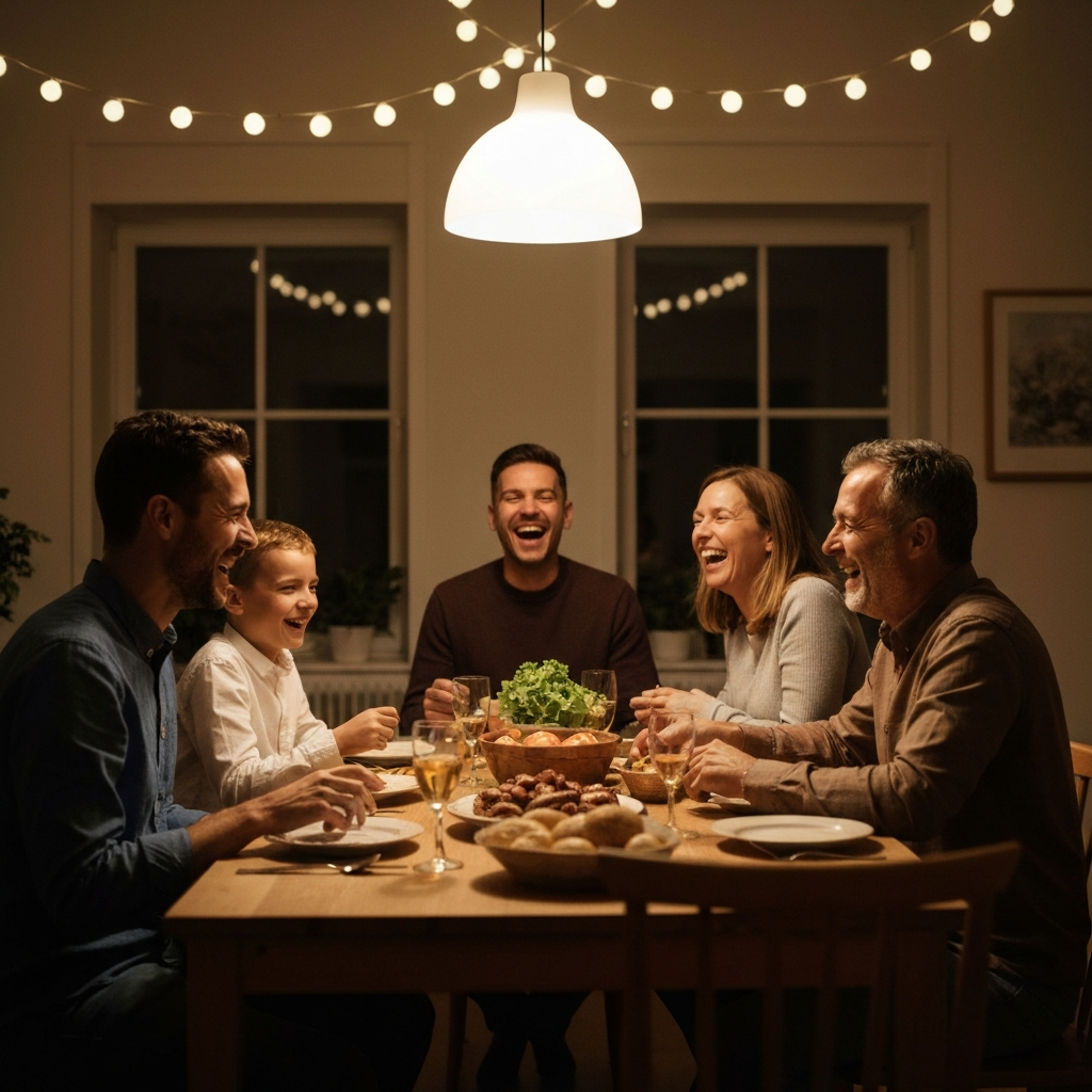 A warmly lit dining room with a family of four laughing around a table laden with food. Soft bokeh from string lights hanging in the background.