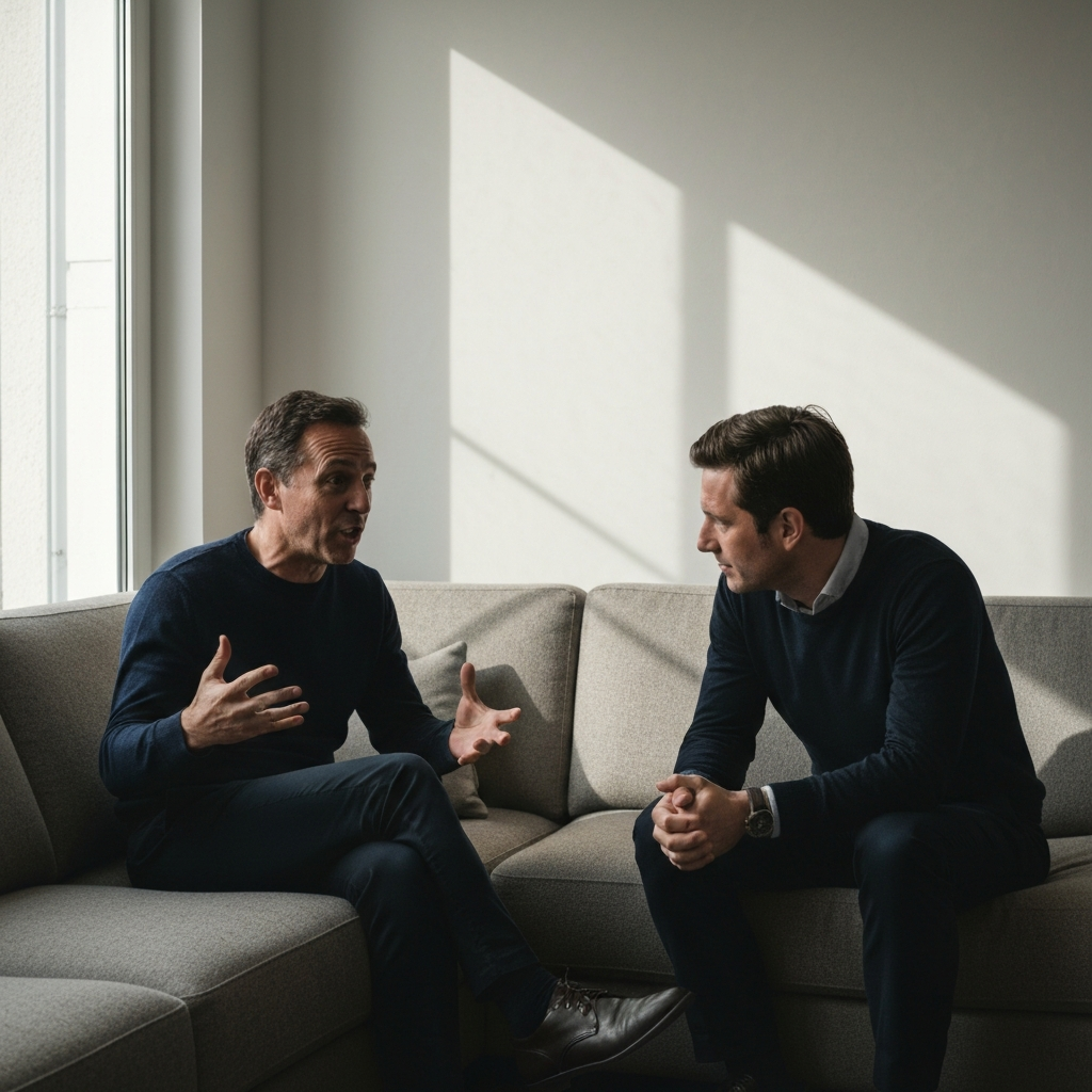Two figures seated on a plush sofa, bathed in soft, natural light from a nearby window. One person is speaking animatedly, while the other leans in attentively, hands clasped in their lap. Subtle textures of the fabric are visible.
