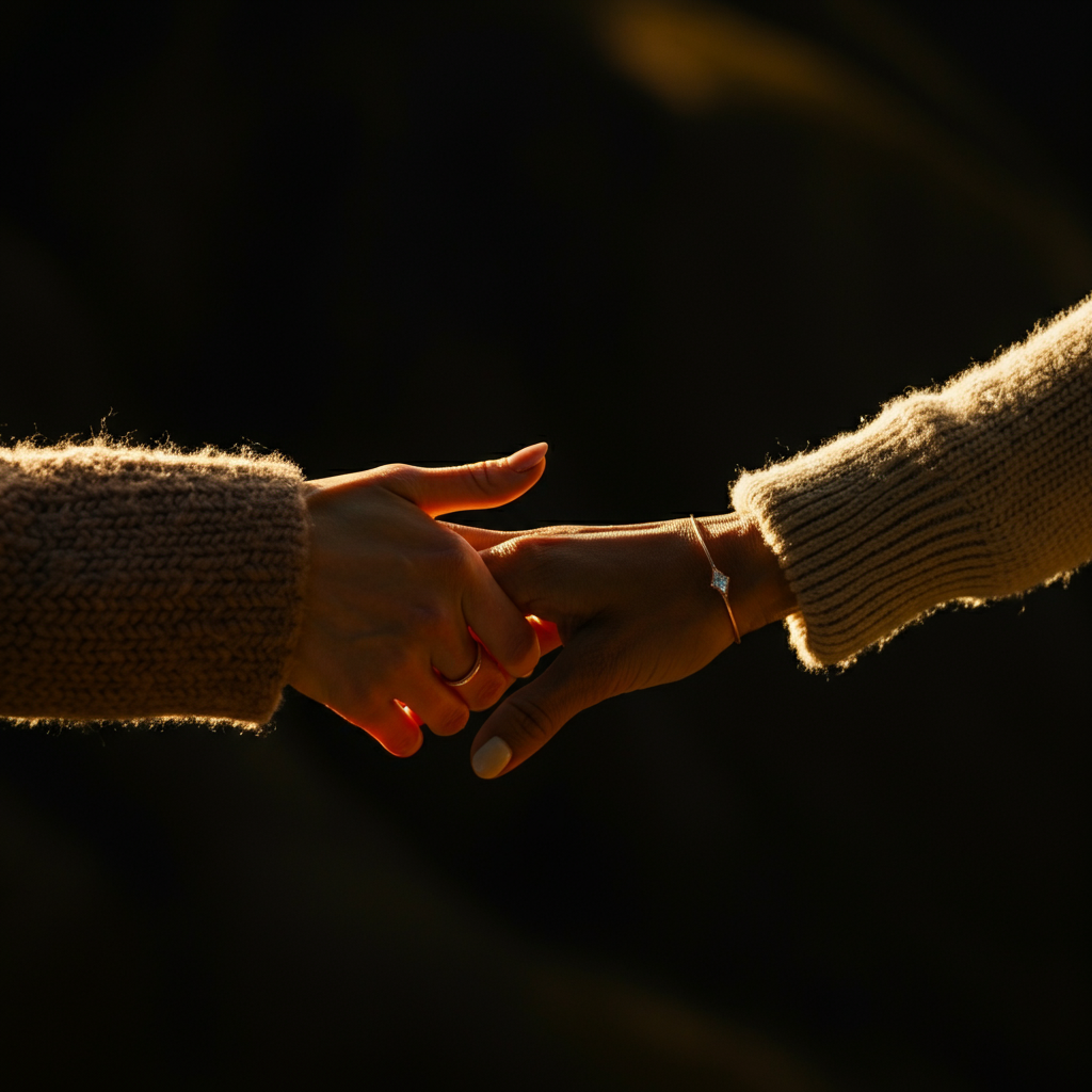 Close-up shot of two hands intertwined, softly illuminated by golden hour lighting. The textures of the skin and subtle details of jewelry are clearly visible.
