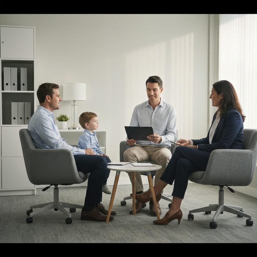 A neutral, professionally designed office space. A counselor sits with a family, fostering a calm and understanding atmosphere during a discussion. Soft, diffused lighting fills the room.