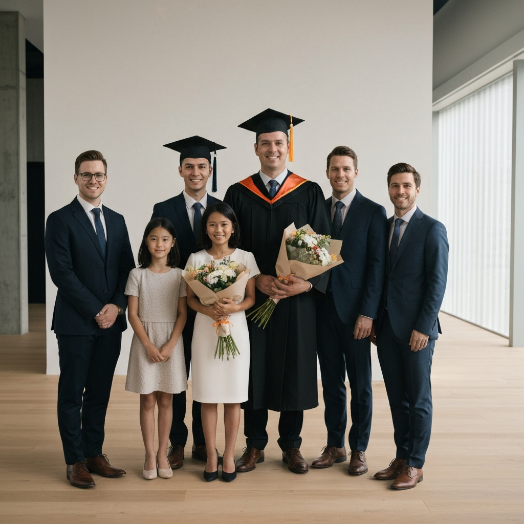 A graduation ceremony. A proud family stands together, smiling and holding flowers. Backlighting accentuates the joy and accomplishment of the moment.