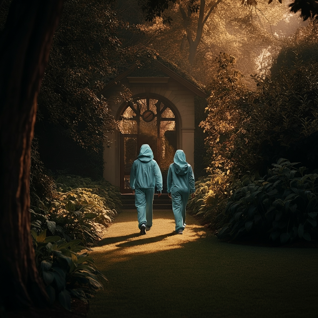 A tranquil garden scene. Two figures are walking side-by-side, engaged in a peaceful conversation. The soft textures of the plants and the gentle sunlight create a serene atmosphere.