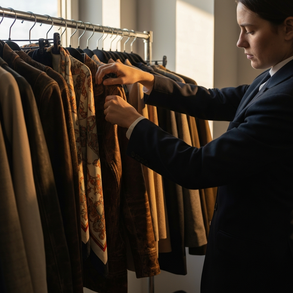 Person browsing a thrift store rack filled with vintage clothing. Focus on the texture of a worn leather jacket and the faded patterns of a silk scarf. Golden hour lighting streams through a window, highlighting the details.