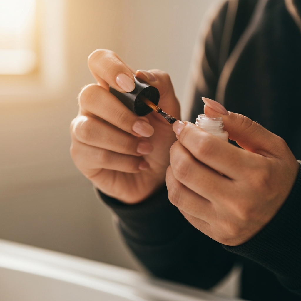 A person applying nail polish to their fingernails in a well-lit bathroom. Focus on the detail of the polish brush and the smooth, glossy finish of the nails. Soft bokeh in the background.