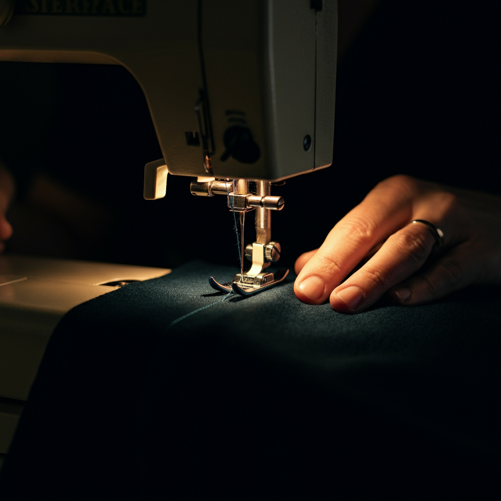 A close-up shot of a sewing machine in action, focusing on the needle and the fabric being sewn. Soft light highlights the precision of the stitching.