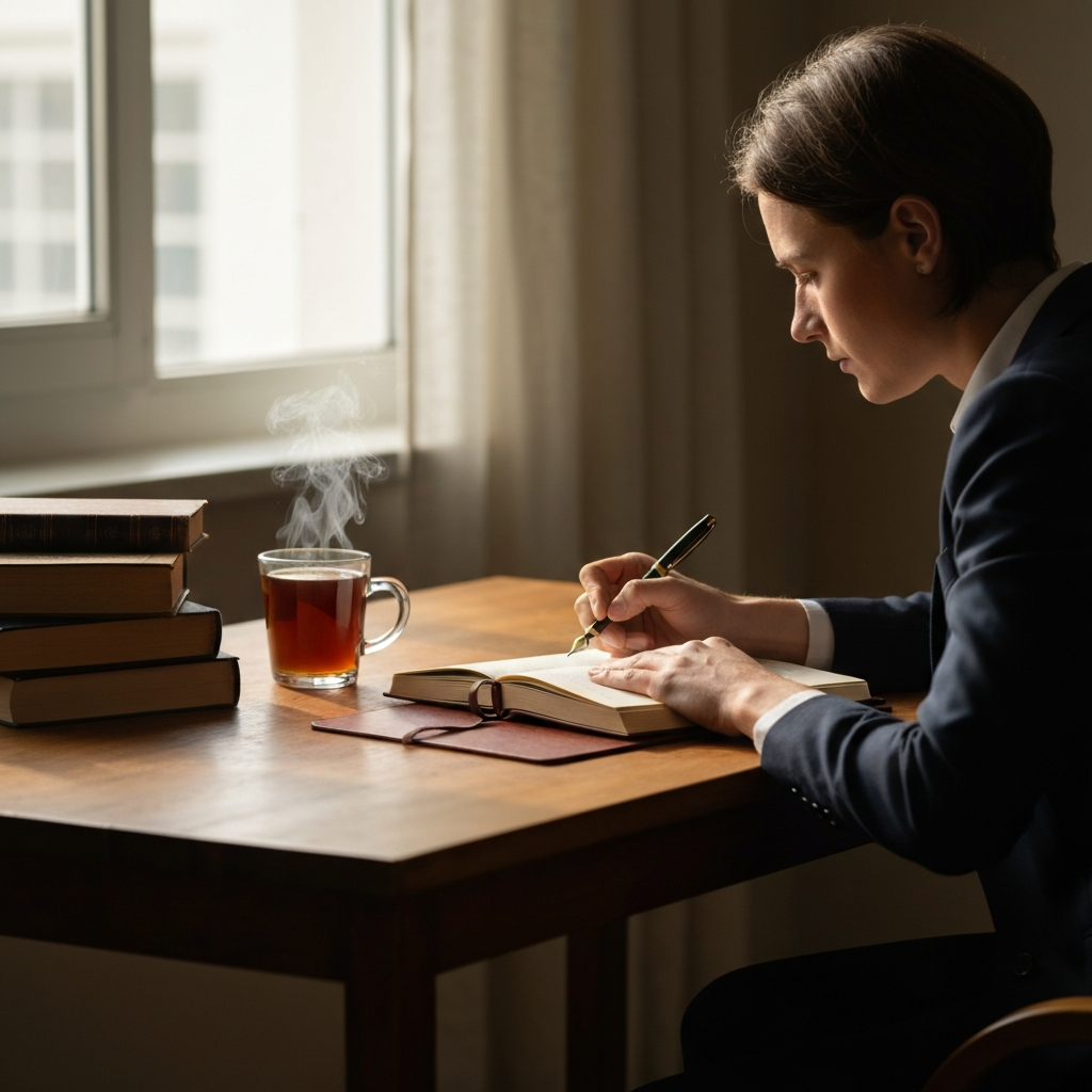 A person sitting at a wooden desk, bathed in soft, natural light from a nearby window, writing in a leather-bound journal with a fountain pen. The desk also holds a stack of well-worn books and a steaming mug of tea.