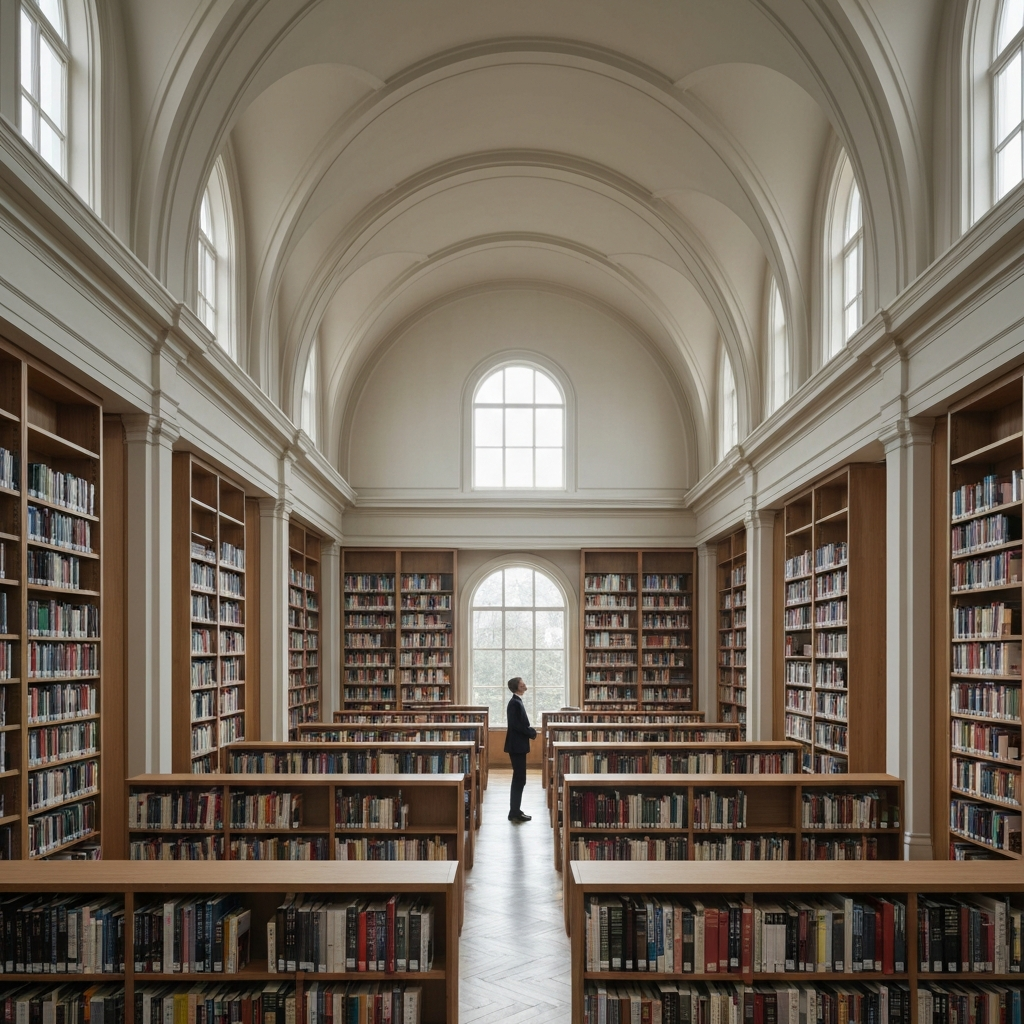 A library with high ceilings and rows of bookshelves filled with books of varying sizes and colors. Dust motes dance in shafts of sunlight streaming through arched windows. A person stands thoughtfully, browsing a shelf of philosophy books.