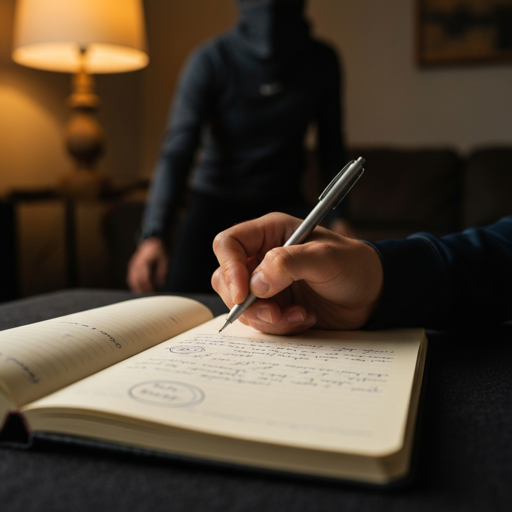 A close-up shot of a hand writing in a journal. The page is filled with handwritten notes, with some words underlined or circled. The background is blurred, showing a cozy room with a warm lamp.