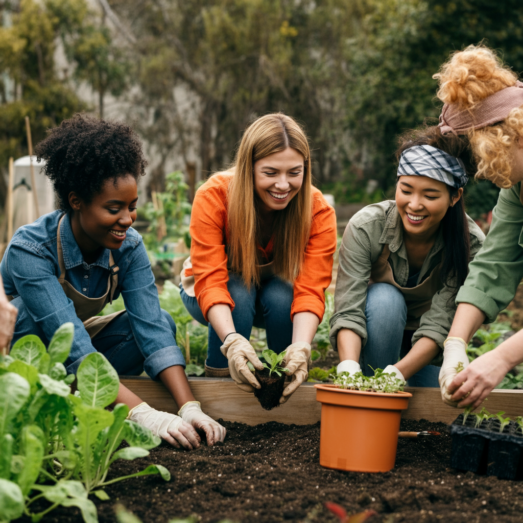 A group of volunteers working together in a community garden. They are smiling and laughing as they plant seedlings and tend to the soil. The scene is shot in natural light with a shallow depth of field.