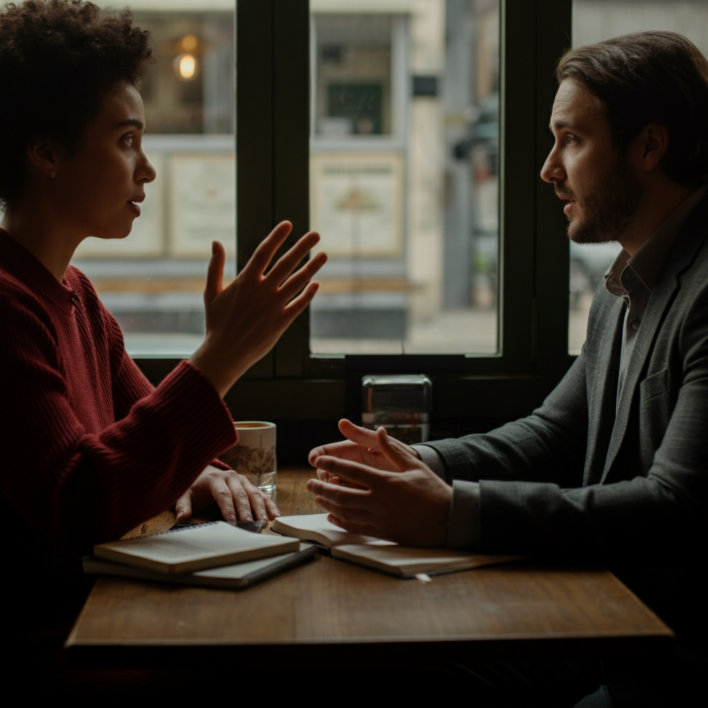 Two people sitting at a table in a coffee shop, engaged in a lively but respectful debate. They are both gesturing and making eye contact, and there are books and notebooks scattered on the table.