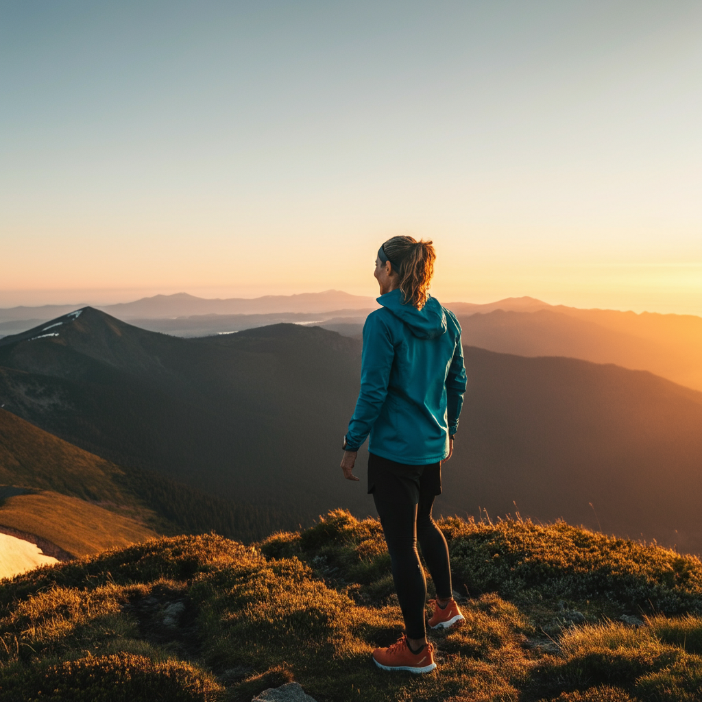 A person standing on a mountaintop, looking out at a vast and beautiful landscape. The sun is setting, casting a golden glow over the scene. The person is smiling and appears to be filled with a sense of peace and contentment.