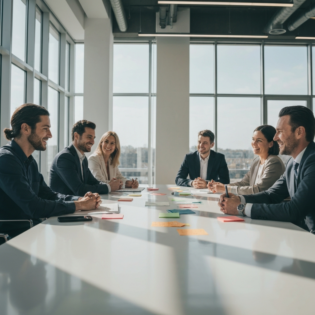 A brightly lit modern office. Several people are gathered around a large table in a conference room. They are all smiling and engaged in a lively discussion. The table is covered in sticky notes and brainstorming materials. Sunlight streams through the large windows, creating a dynamic play of light and shadow on the polished table surface.