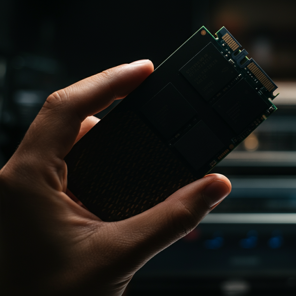 Close-up shot of a hand carefully holding a SATA SSD, side-lit to show the texture of the casing. Soft bokeh in the background.