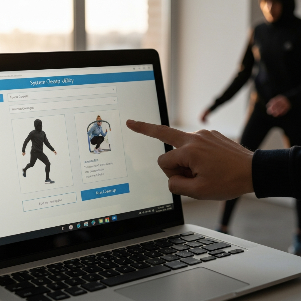 A laptop screen displaying a system cleanup utility interface, with a hand pointing towards the "Run Cleanup" button. Natural window light casting a soft glow on the screen.