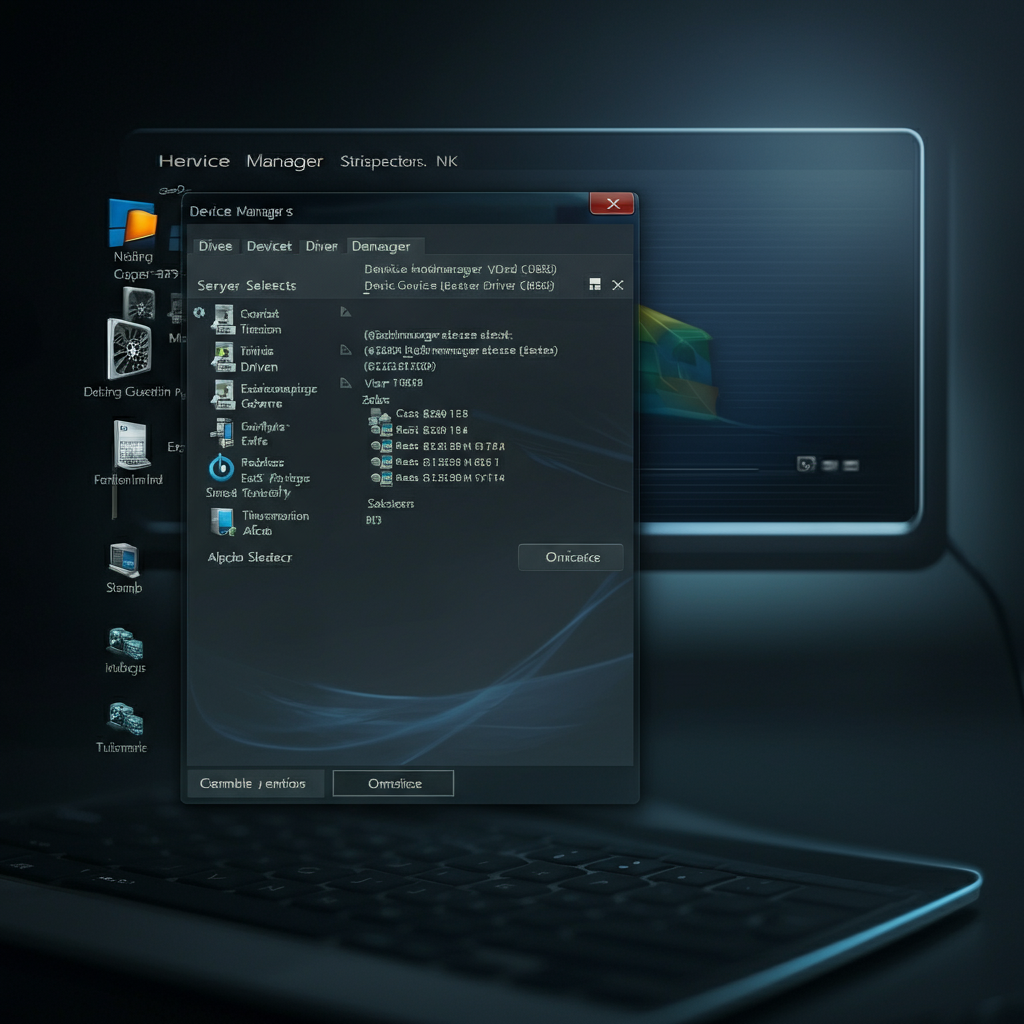A desktop screen showing the Device Manager window in Windows, with the graphics card driver selected. Soft, overhead lighting.