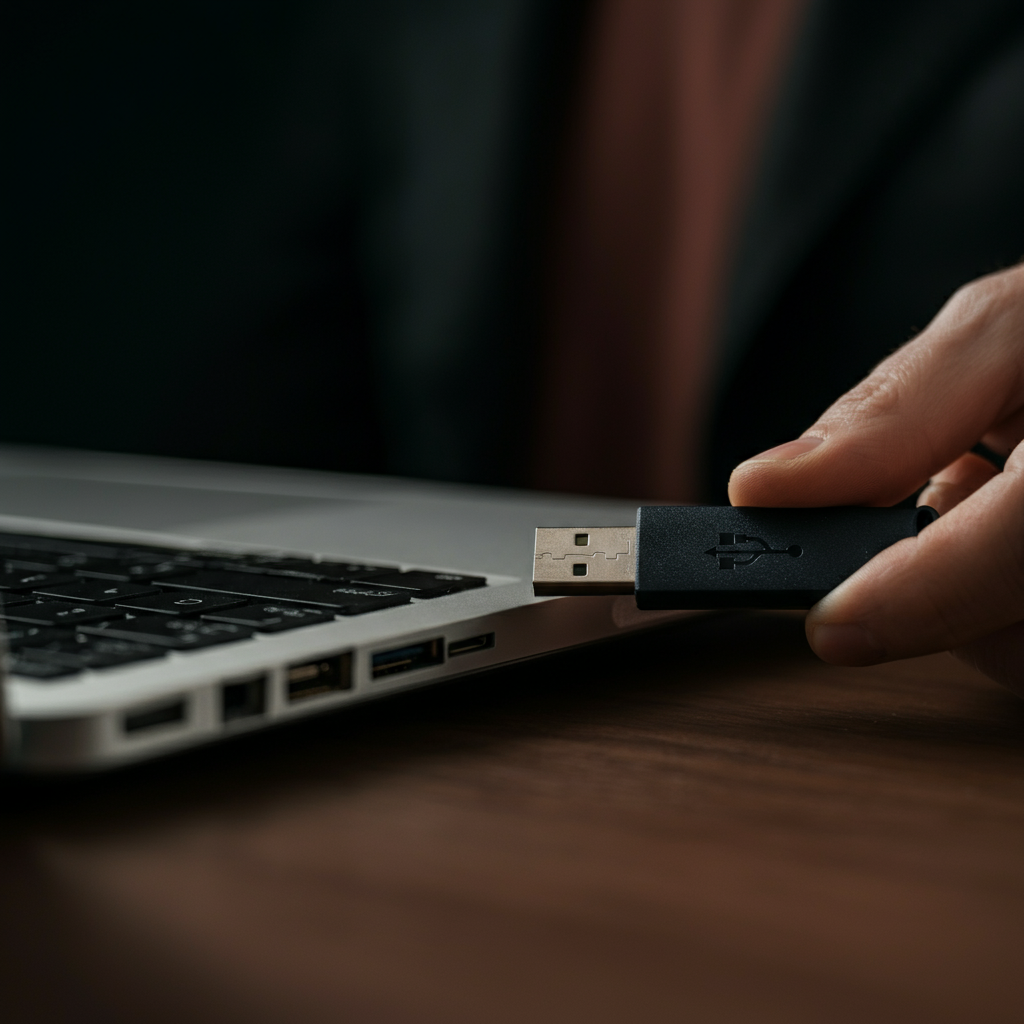 Close-up shot of a USB drive being inserted into a laptop port, with focus on the USB connector and the laptop's chassis. Warm, natural lighting.