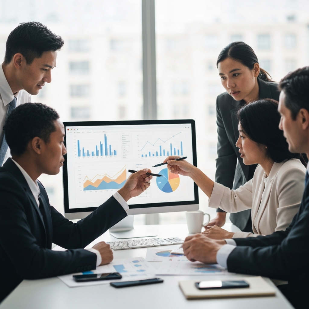 A brightly lit, modern office. A diverse team of four professionals sits around a large table, analyzing charts and graphs displayed on a widescreen monitor. One woman points to a specific data point with a stylus. Soft bokeh blurs the background, focusing attention on the team's collaborative effort.