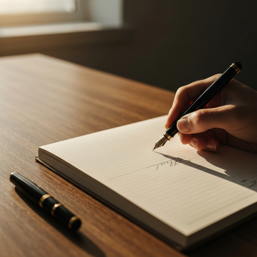 A close-up of a notepad resting on a wooden desk. A fountain pen lies next to it, and a hand is visible writing in neat cursive. Golden hour lighting streams in from a nearby window, casting a warm glow on the scene. The texture of the paper is subtly visible.