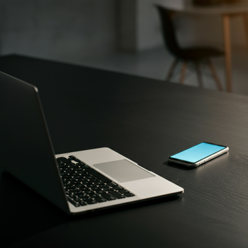 A side-lit view of various communication devices laid out on a table: a laptop, a smartphone, and a tablet. The light highlights the sleek designs and screen textures. The background is a blurred office environment.