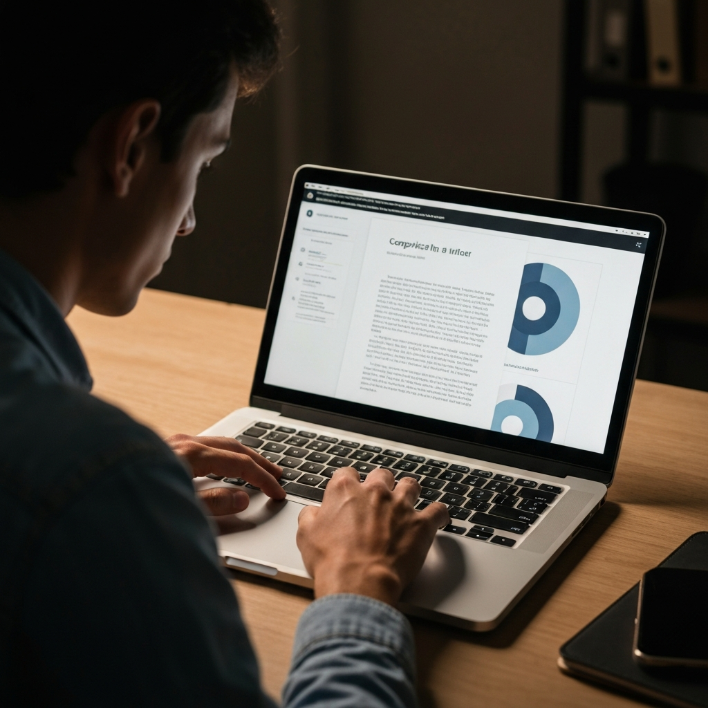 A person sitting at a desk, intensely focused on a laptop screen. The screen displays a document with compelling text and visually appealing graphics. A soft, warm light illuminates their face, conveying concentration and creativity.