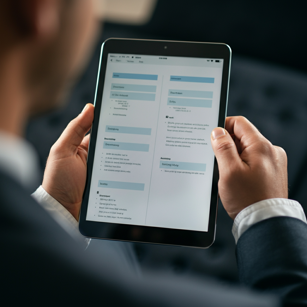 A close-up of a tablet screen displaying a well-formatted document with clear headings, bullet points, and legible fonts. The tablet is held by a hand, suggesting easy readability and accessibility. The background is slightly blurred.